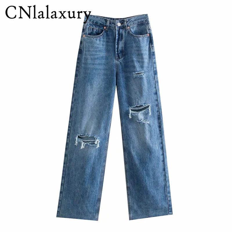 straight leg jeans CNlalaxury Women 2022 Chic Fashion Ripped Hole Wide Leg Jeans Vintage High Waist Zipper Fly Female Denim Trousers Pants Mujer cargo pants for women