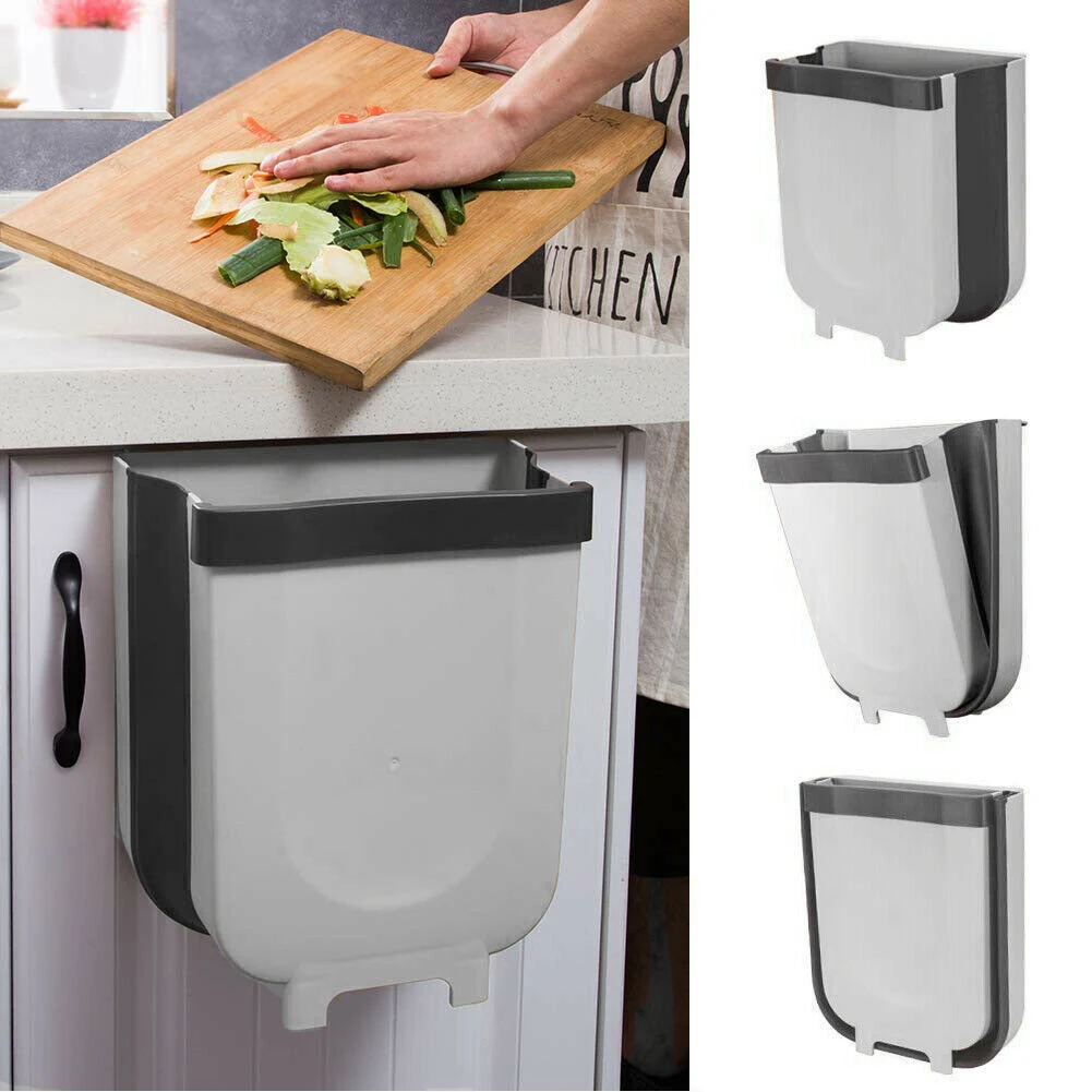 Grey Folding Waste Bin Kitchen Cabinet Door Hanging Trash Bin Trash Can Wall Mounted Trashcan for Bathroom Toilet Waste Storage