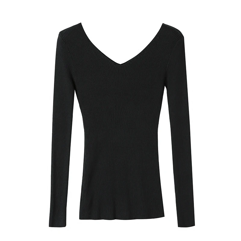 Autumn V Neck Sweater Women Winter Knitted Slim Back V-neck Pullover Tops Casual Long Sleeve Knitting Stretch Sweater Pull Femme