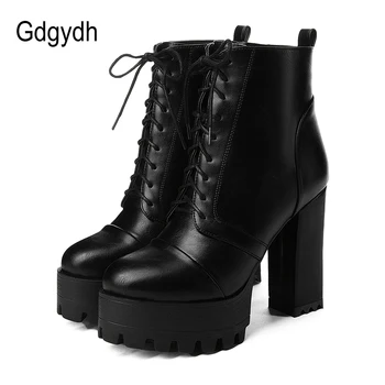 

Gdgydh Leather Lace Up Booties Women High Heels Spring Autumn Platform Ankle Boots With Zippers Black Punk High Quality Big Size