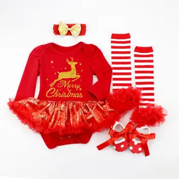 

4PCs per Set Red Merry Christmas Golden Bling Dots Tutu Dress Infant 1st 2nd Chritmsas Party Outfit Leg Warmers Shoes Headband