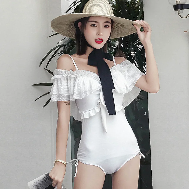 Swimsuit Separate Fused Female Swimwear For Women One Piece White Sexy Leaf Edge Korean Solid Spandex One Piece Swimsuit Women