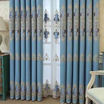 

Custom luxury palace European-style curtains blue velvet shading embroidered curtains suitable for living room bedroom curtains