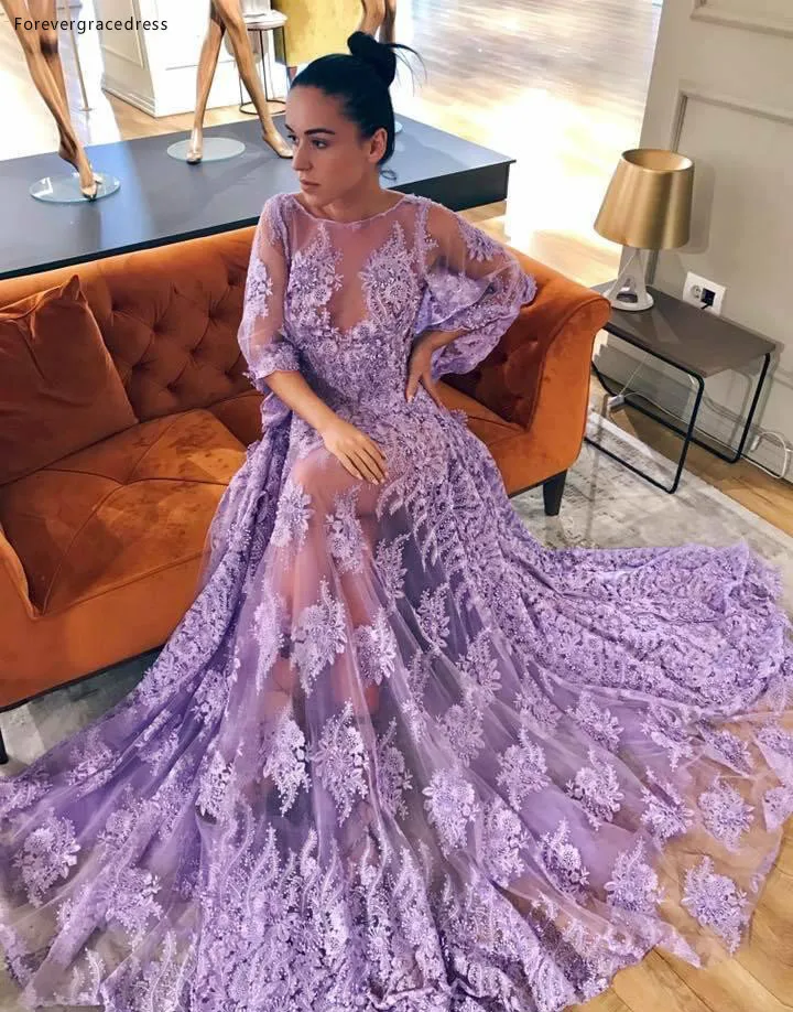 2018 Fashion Sexy Lavender Prom Dresses Crew Neck Sheer Long Sleeves Evening Gowns With Lace Applique Beads 168