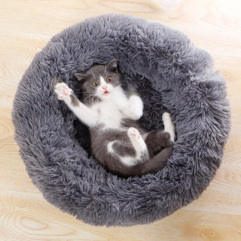 50 см круглые плюшевые кошки кровать дом мягкий длинный плюшевый питомец собака кошка гнездо зимний теплый спальный кот Кровать для питомца коврик для кошки дом - Цвет: Серый