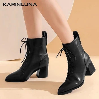 

Dropship On Sale 2020 New Brand women shoes Casual Poined Toe Cross-tied Square Thick Heels Solid Autumn Ankle Female Boots