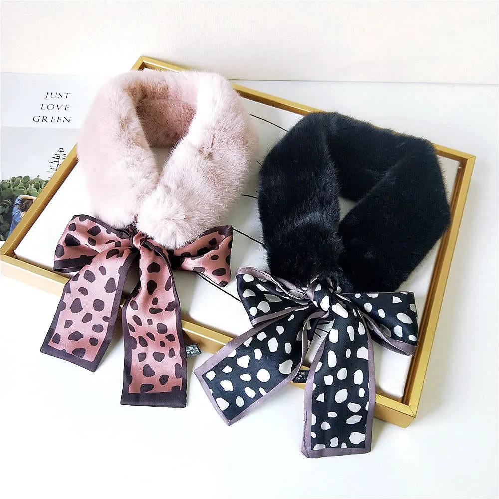 

Kasure New Autumn Winter Warm Fake Rabbit Fur Collar Scarf For Women Poka Dot Ribbon Neckerchief Scarves For Ladies