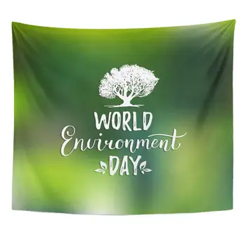 

Globe Green Happy World Environment Day Hand Lettering on Blurred Tree Earth Celebrate Home Decor Tapestry Wall Hanging