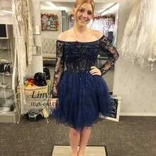 Платья для выпускного вечера с открытыми плечами из Алина и тюля с кружевными длинными рукавами и бисером, вечерние короткие платья для выпускного вечера, платье для выпускного вечера на заказ