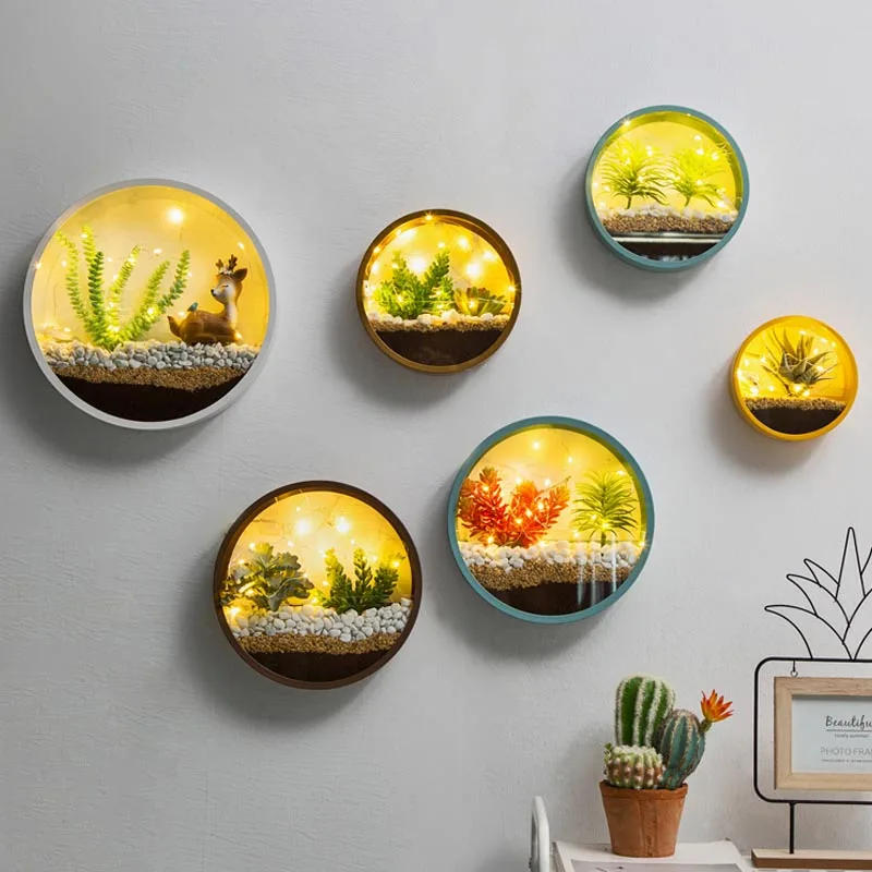 Online Moderne Runde Eisen Kunst Glas Wand Vase mit LED Licht Decor Wand Pflanz Hause Wohnzimmer Hängen Blume Topf Sukkulenten blumentopf