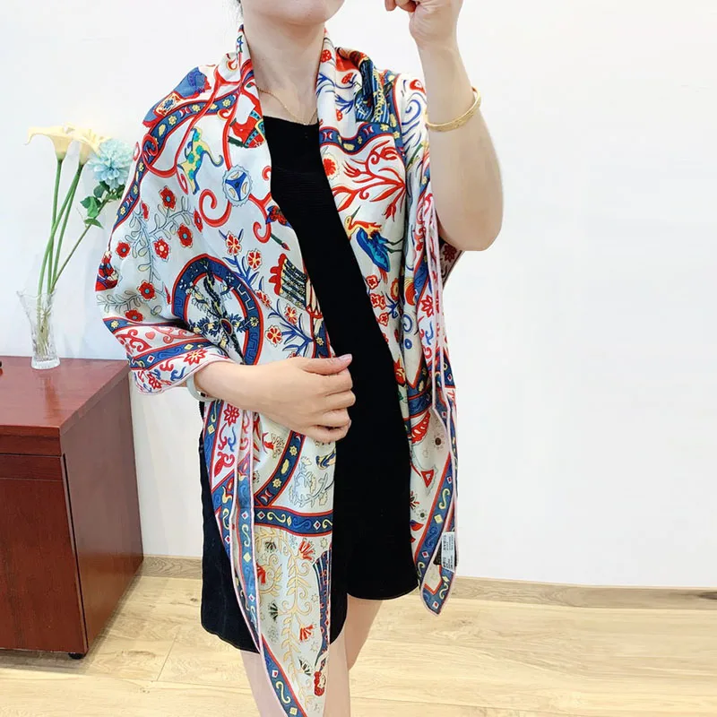 

Luxury Thin Shawl 30% Silk 70% Cashmere Scarf Women Fashion Tree Print Kerchief Big Blanket Pashmina Stole 135x135cm
