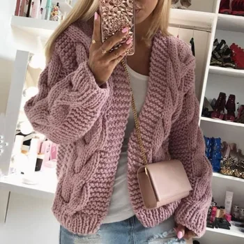 

Women V-Neck Crocheted Knitted Cardigan 2020 Autumn and Winter Rough Line Linen Solid Color Knitted Cardigan Sweater Female
