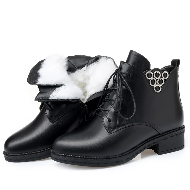 Wool Women Snow Boots Warm Fur Warm Plush Solid Fashion Ankle Boots High Heel Leisure Genuine Leather Women Winter Boots - Цвет: black