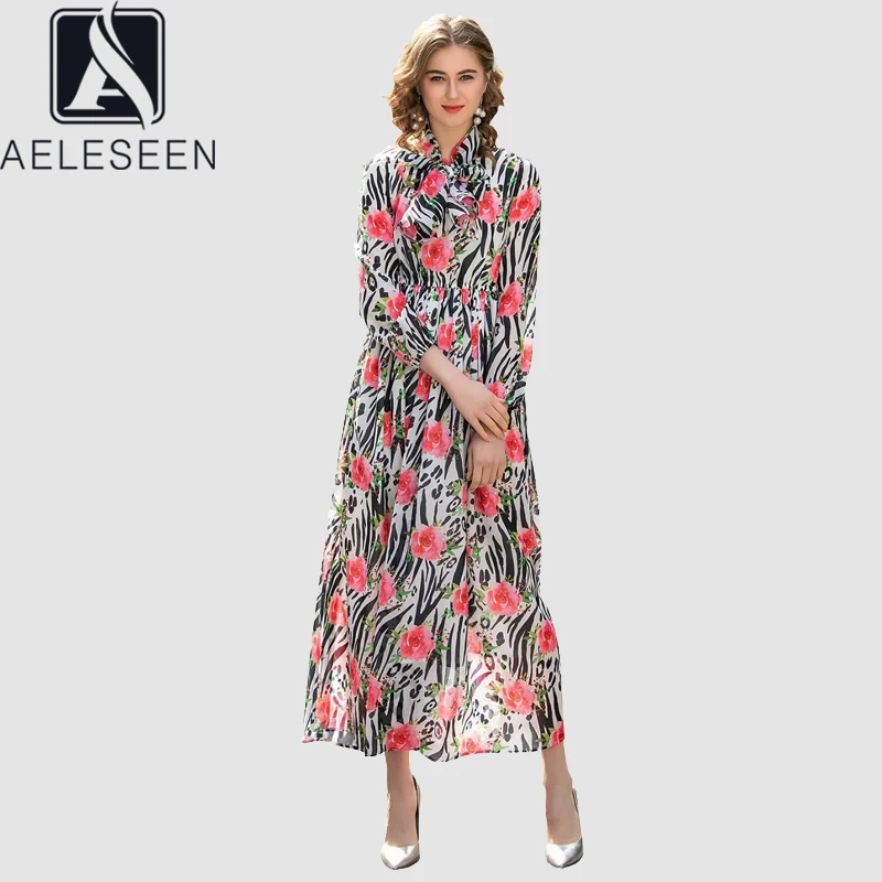 AELESEEN, весенне-летнее платье,, женское богемное платье с длинным рукавом, воротник-бант, цветочный принт, модные элегантные вечерние платья, Длинное Платье Макси
