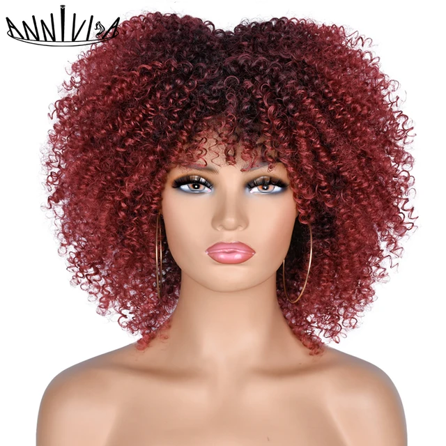 Short Hair Afro Kinky Curly Wigs With Bangs African Synthetic Ombre Glueless Cosplay Wigs For Black Women High Temperature 1B-39A