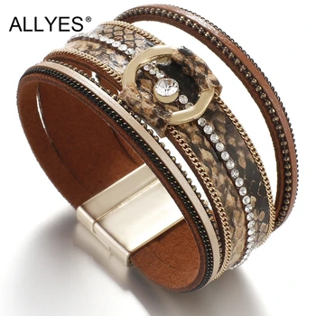 

ALLYES Multilayer Snake Skin Leather Bracelets for Women Beads Chain Bohemian Wide Animal Print Bracelet Crystal Female Jewelry