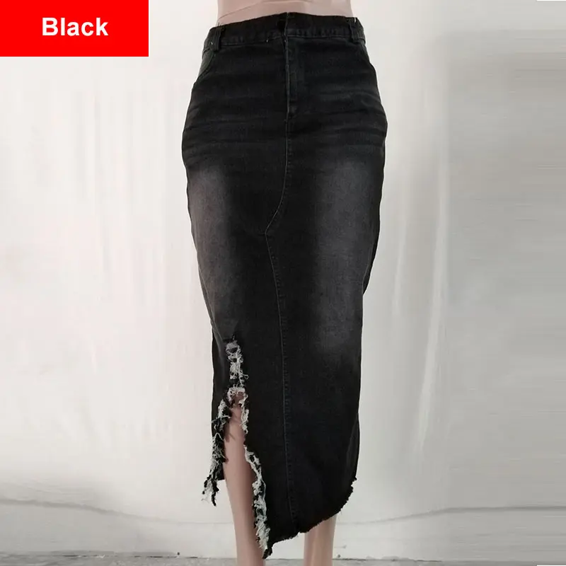 Plus Size High Waist Ripped Tassel Hem Front Split Bodycon Denim Skirts 4XL 5XL Women Streetwear Hole Maxi Skirt Jeans Bottoms - Цвет: Black
