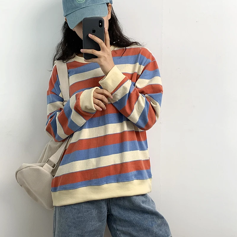 Орфографический Цветной полосатый женский свитер с круглым вырезом Свободный корейский стиль Harajuku уличная