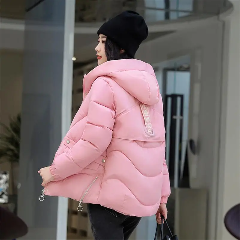 Осенне-зимняя короткая куртка для женщин, пальто, модная женская теплая куртка с капюшоном, Женская парка, повседневное пальто размера плюс, куртка-парка - Цвет: Розовый