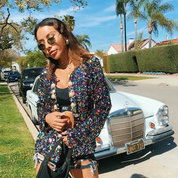 

Nightclub Female Singer DJ Rapper Bling Sequins Short Jacket Hip Hop Woman Slim Cool Charming Vintage Rainbow Tops Coat High end
