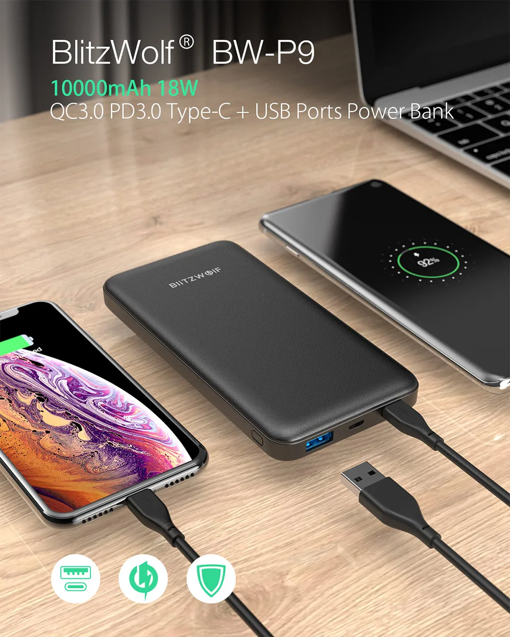 small power bank BlitzWolf BW-P9 18W 10000mAh USB PD QC 3.0 Power Bank Type C Fast Charging Dual for iPhone 12 Pro Max for Xiaomi for Huawei portable cell phone charger