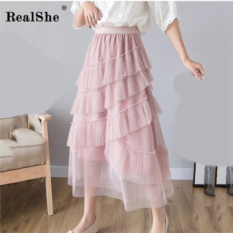 RealShe Женская юбка длинная высокая талия однотонная с оборками сетка Jupe Femme весна