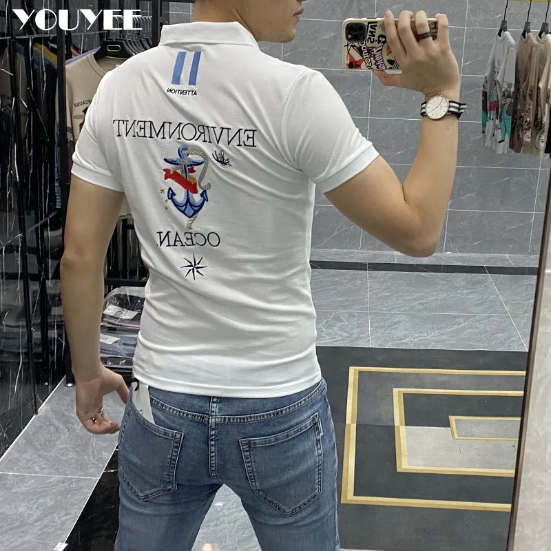 Polo T-shirt lettera maschile ancora ricamata Slim Fit moda 2021 estate nuove felpe Casual risvolto Tee cotone abbigliamento uomo - immagine 5