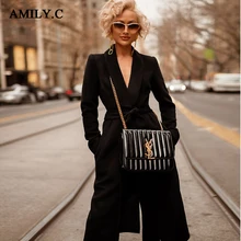 Amily. c Новая зимняя Женская куртка, сексуальная черная куртка с глубоким v-образным вырезом, с поясом, с длинными рукавами, с поясом средней длины, модные вечерние Клубные пальто