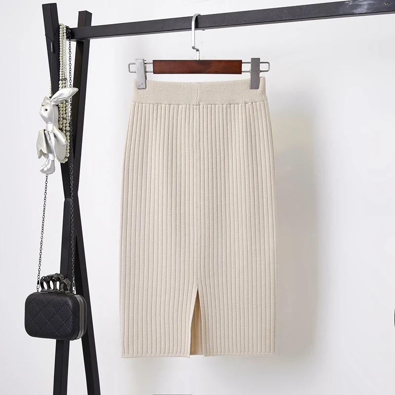 2020 Women Office Skirt Spring autumn Sexy Warm Knitted Black Pencil Skirts Ladies High Waist Elegant Long Skir Party Club Skirt