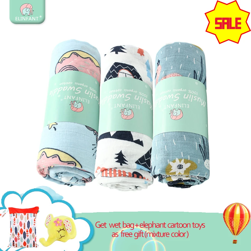 

Elinfant 3Pc Muslin 100% Cotton Baby Swaddles Soft Newborn Blankets Bath Gauze Infant Wrap sleepsack Stroller cover Play Mat