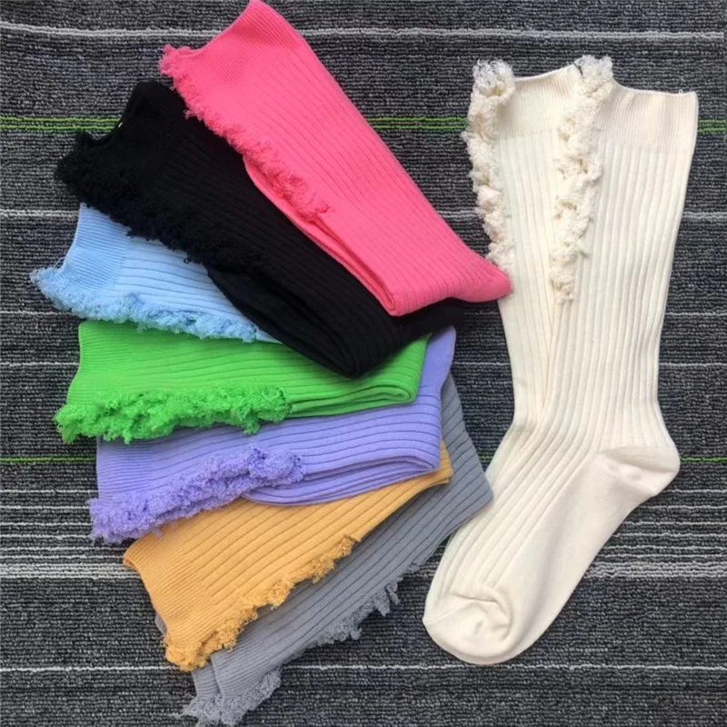 

Hole Beggar Shabby Women Frilly High Socks Cotton 2021 Summer New Ladies Original Design Novelty Tide Fluffy Long Tube Non-slip