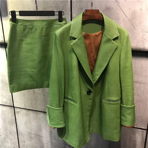 Green set Фабричная куртка из натуральной кожи, женский дизайн, костюм, юбка, комплект, женский воротник, овчина, мотоциклетная куртка - Цвет: Green set