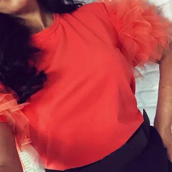 

Womens Ladies Tulle Crew Neck Frill Mesh Puff Short Sleeve Party Tee T Shirt Tulle Ruffle Mesh Sleeve Evening Party Fashion Top