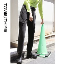 Toyouth BF ветер большой карман черные джинсы осень средняя талия сплошной женские джинсовые брюки прямые брюки