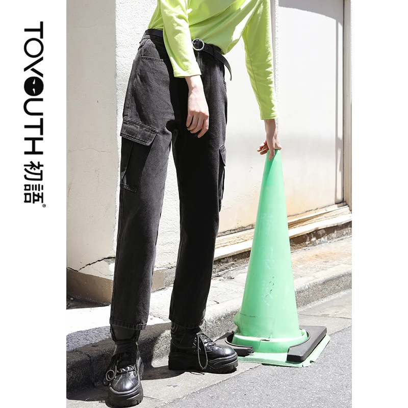 

Toyouth BF Wind Big Pocket Black Jeans 2019 Autumn Mid Waist Solid Denim Pants Women Straight Trousers