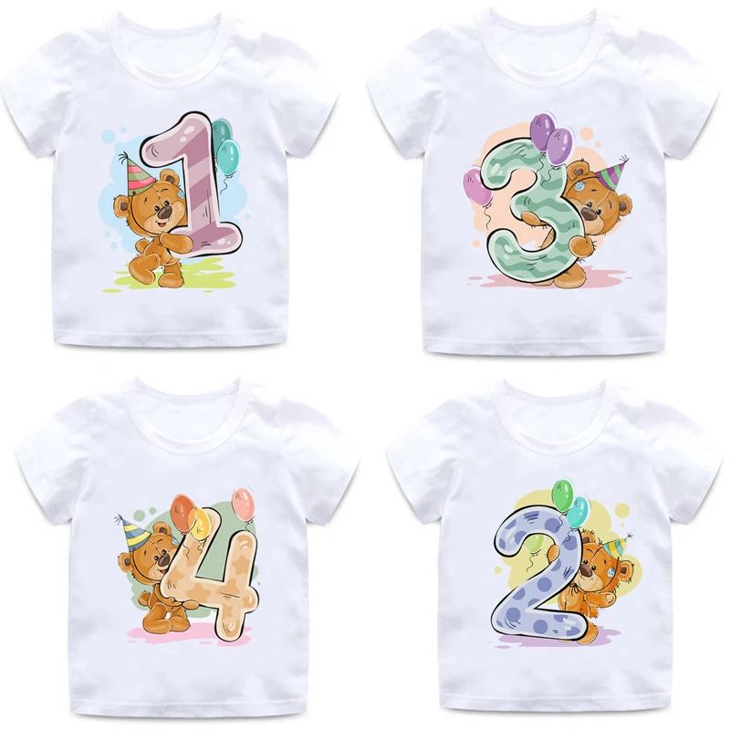 

Boy girl birthday bear number 1-9 bow print T-shirt baby cartoon bear funny round neck T-shirt best birthday gift dress