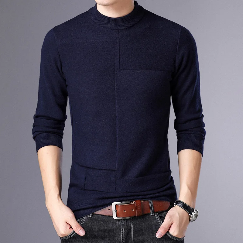 Модный брендовый мужской свитер, пуловеры, одноцветные Облегающие джемперы, вязаные, теплые, Осенние, корейский стиль, повседневная одежда - Цвет: Тёмно-синий