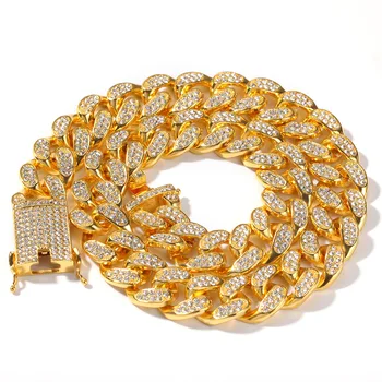 

Hip Hop Iced Out Rhinestone Rose Gold Silver Plated Necklace for Men Miami Cuban Link Long Chain Party Jewelry 0.7 Inches Width
