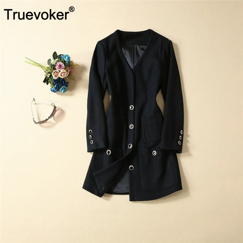 

Truevoker Runway Designer Dresses Women's High Quality Full Sleeve V-neck Front Gold Buttons Noble Black Woolen Blends Vestidoes