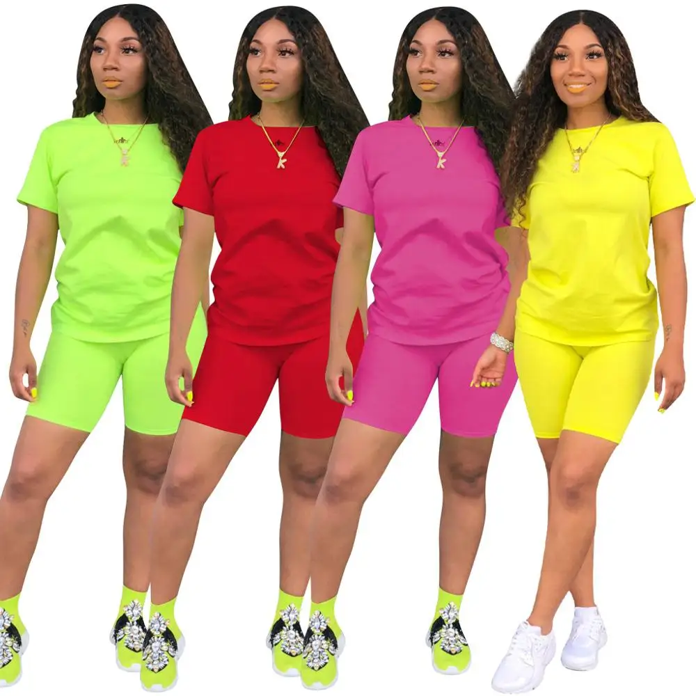 

New 2019 Women Neon Two Piece Short Sleeve O-Neck T-Shirt And Shorts Pants Tracksuits Summer Stretchy Casual Outfit Plus Size