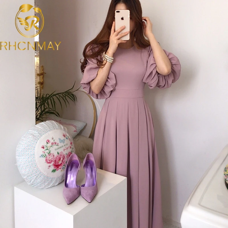 Korean Solid Casual Chic Elegant Women Dress 2020 Summer Vestido Round neck High waist Straps Lantern sleeves Pleated Long Dress Korean Solid Casual Chic Elegant Women Dress 2020 Summer Vestido Round neck High waist Straps Lantern sleeves Pleated Long Dress