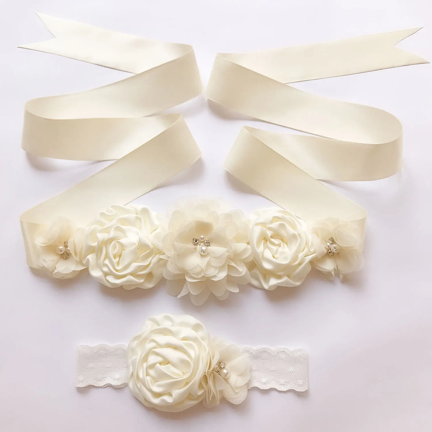 Г., 1 комплект для свадьбы, пояс с цветком, повязка на голову для подружки невесты, красивое детское свадебное платье пояс, атласная шелковая повязка и пояс с цветочками - Цвет: Слоновая кость