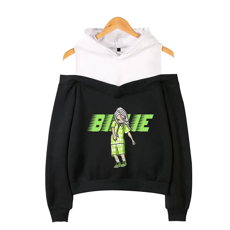 black - style 1 Billie Eilish толстовка с капюшоном, с длинным рукавом, Мягкая Белая, простая, в стиле хип-хоп, для женщин, Harajuku, с открытыми плечами, имитация двух частей, сексуальная, с капюшоном - Цвет: black - style 1