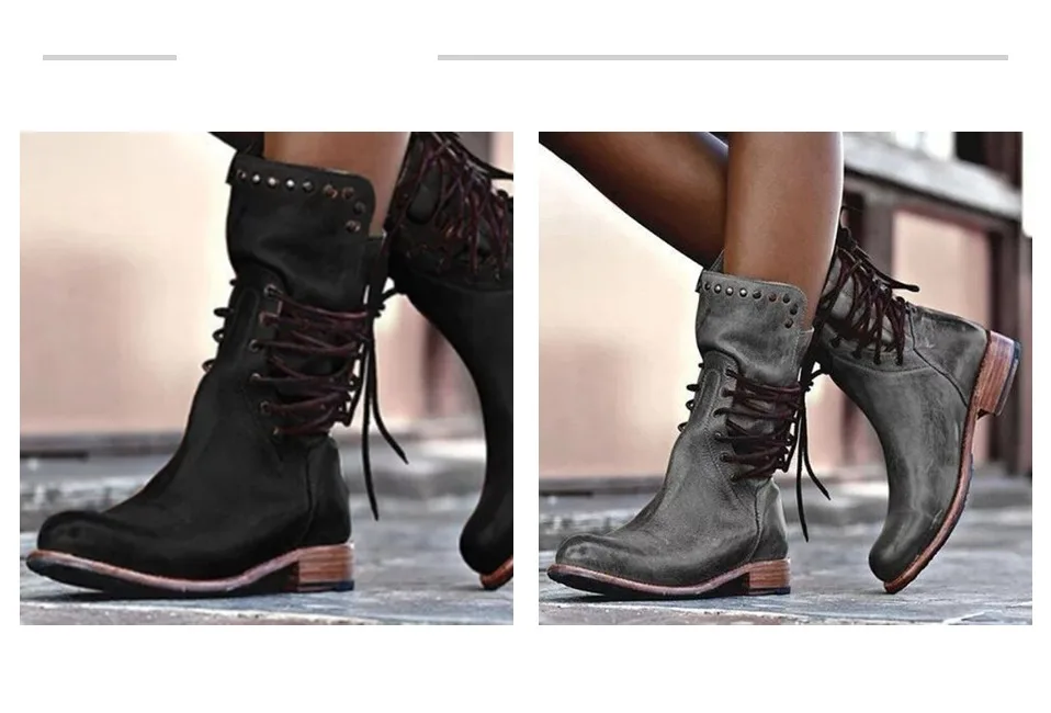Зимние женские ботинки до середины икры из искусственной кожи ботинки на толстом каблуке со шнуровкой и молнией короткие женские ботинки-трубы с заклепками Модные женские Ботинки martin