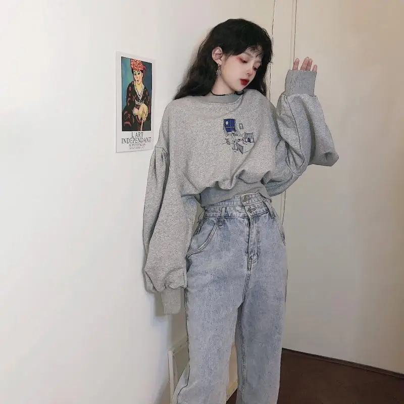Осень и зима корейский Harajuku свободный короткий секционный пуловер с длинным рукавом Ретро Толстовка