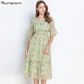 

Chiffon Floral Dresses Summer For Women Bohemian Large Size 5xl 4xl 3xl 2xl Short Sleeve Green Boho Elegant Ladies Flower Dress