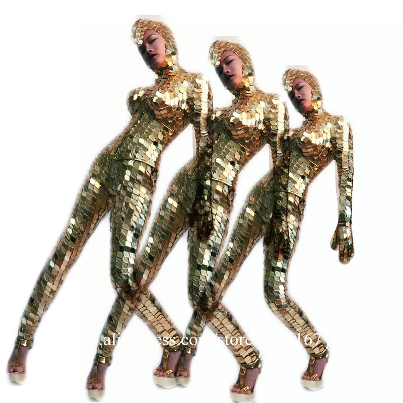 Sexy gold mirror costumes robot women suit dj perform wears mirror bodysuit singer jumpsuit mirror clothe party outfit disco05