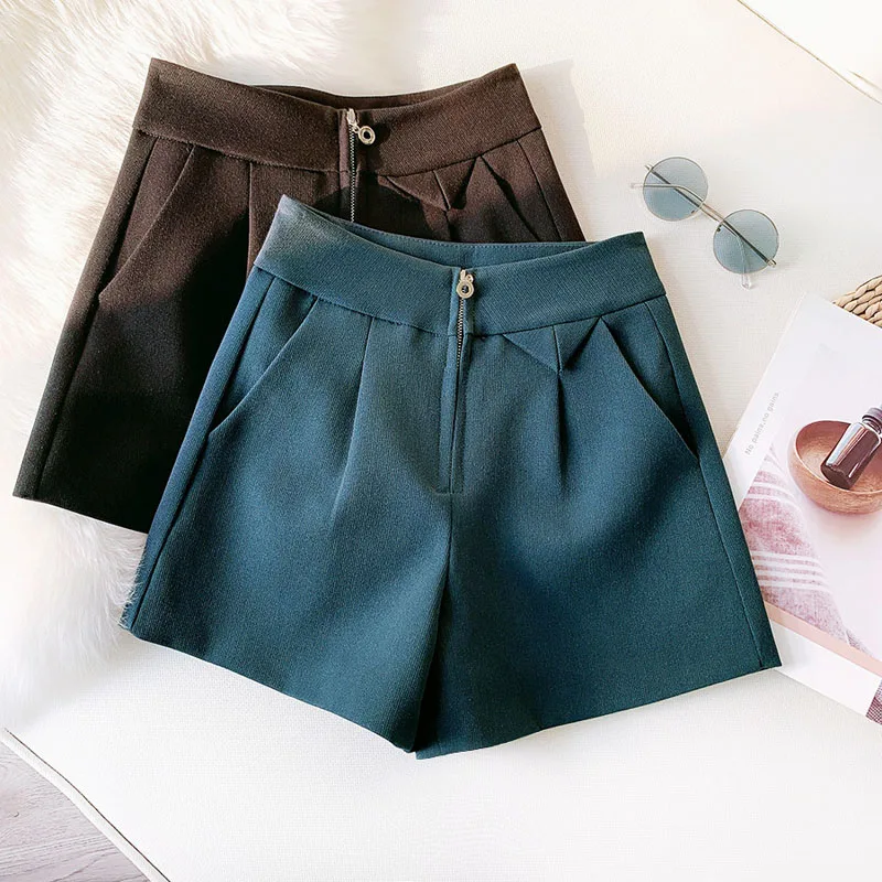 Wasteheart Autumn New Casual Black Blue Polyester Shorts Women High Waist Shorts Camel Short Zipper England Style Slim