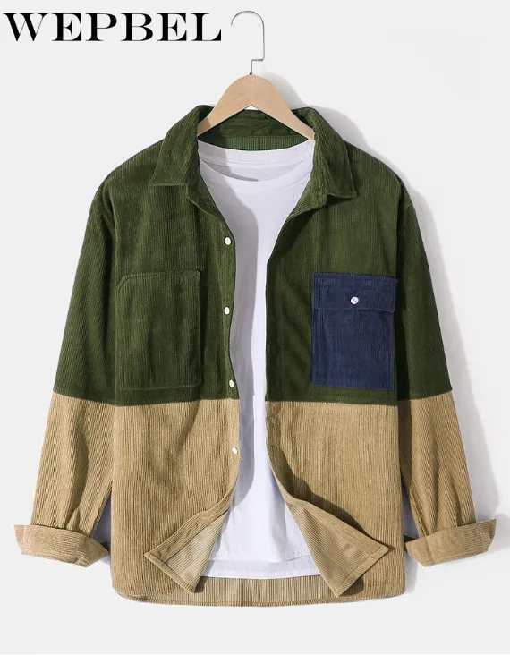

WEPBEL Men's Corduroy Patchwork Pocket Shirt Autumn Winter Casual Single-Breasted Long Sleeve Turn-down Collar Loose Shirt