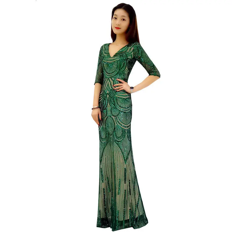 

Spring Summer New Long Mouwen 5 Mouw Catwalk sexy dress Elegant Bridal edge Paillette Large sizes Women's dresses 460